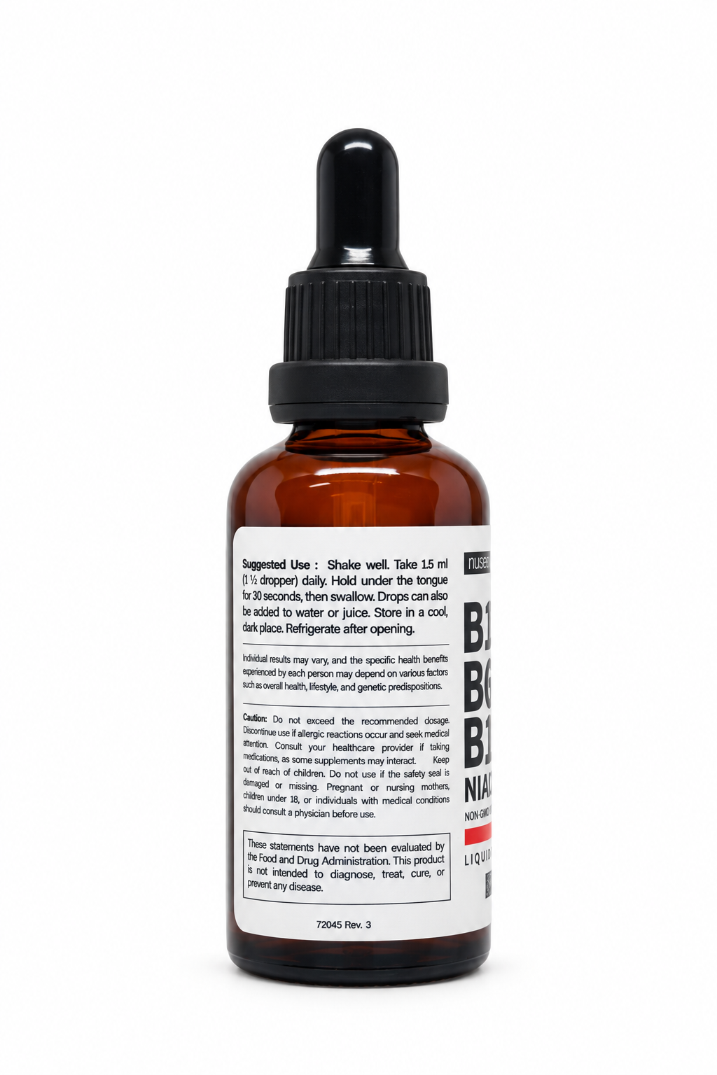 Frasco Nusava Vitamin B Complex, vista lateral sobre fondo blanco