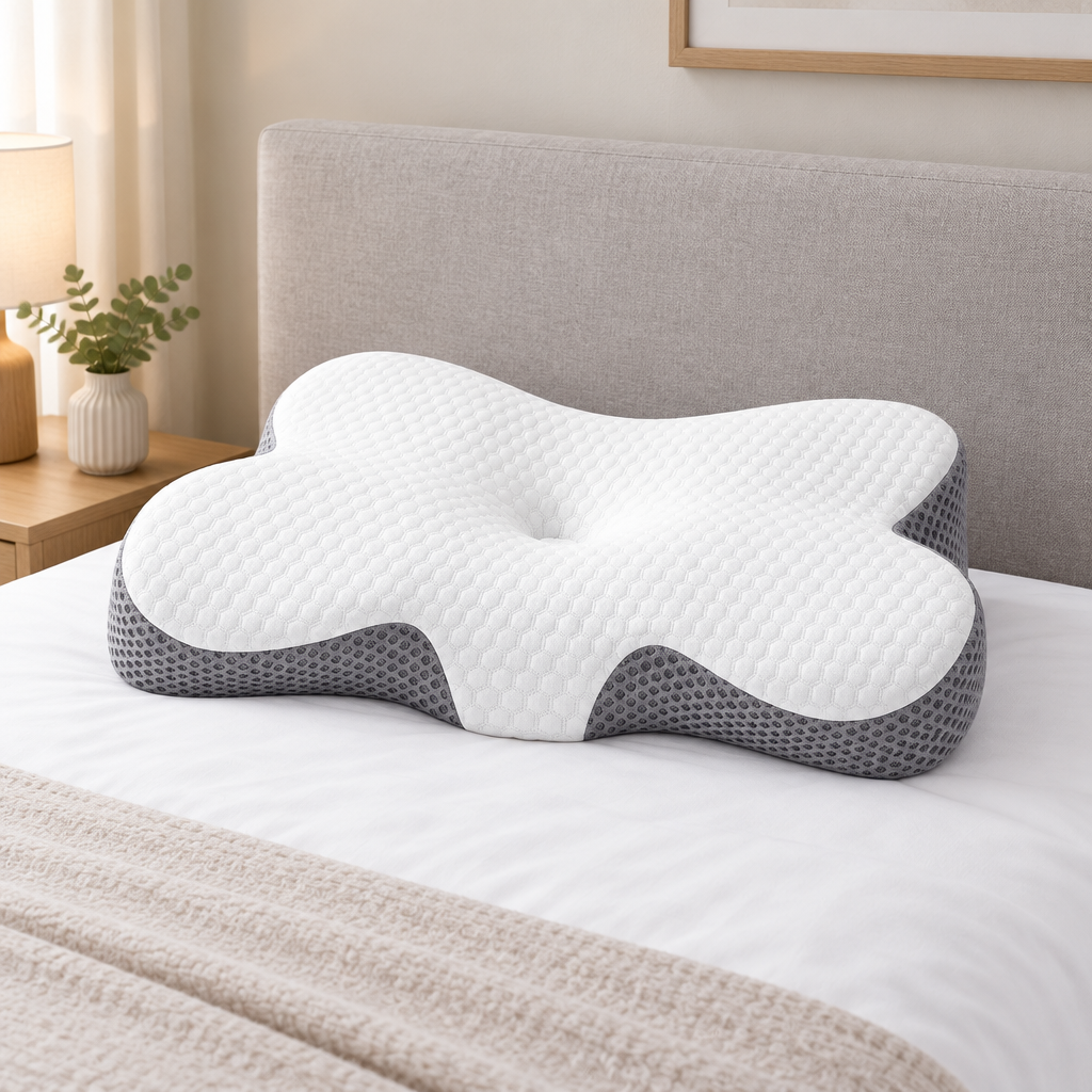 Almohada cervical ergonómica blanca y gris colocada sobre una cama