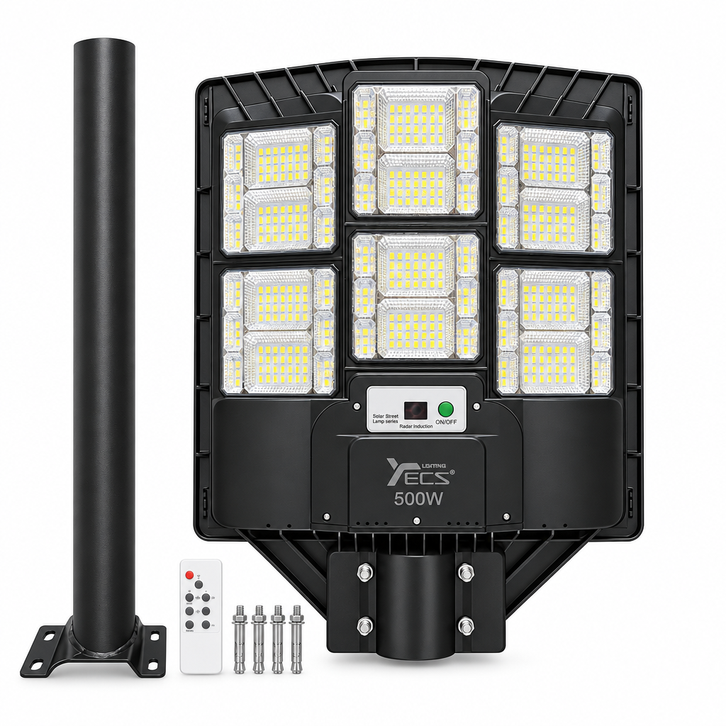 Foco solar LED con tubo de soporte y control remoto sobre fondo blanco
