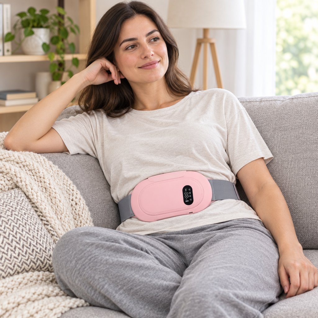 Mujer descansando con masajeador menstrual rosado