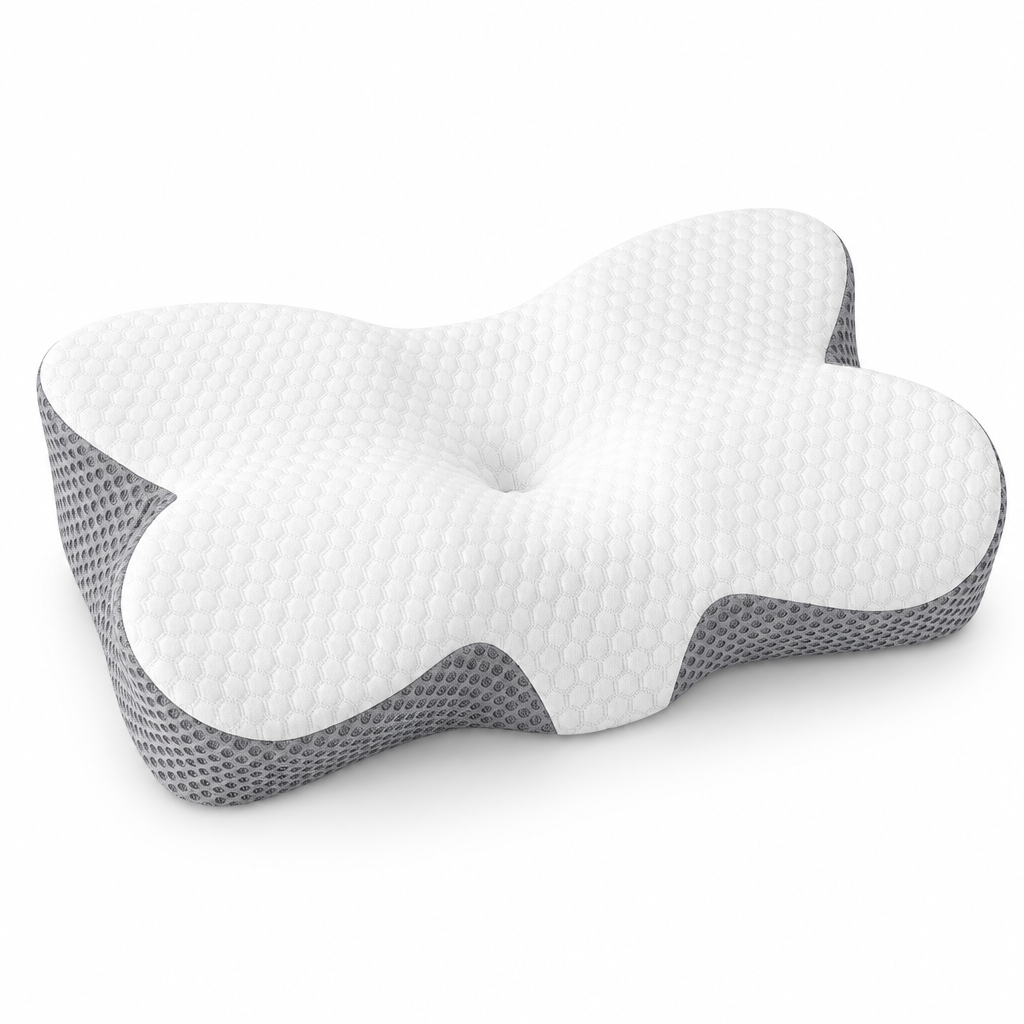 Almohada cervical ergonómica blanca y gris sobre fondo blanco
