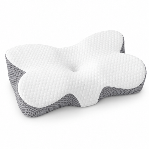 Almohada cervical ergonómica blanca y gris sobre fondo blanco