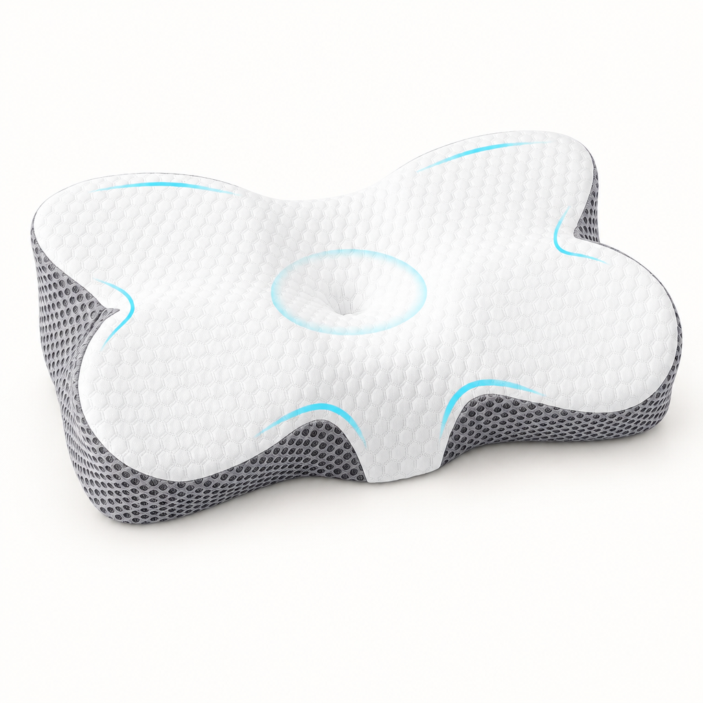 Almohada cervical contorneada blanca con laterales grises sobre fondo blanco