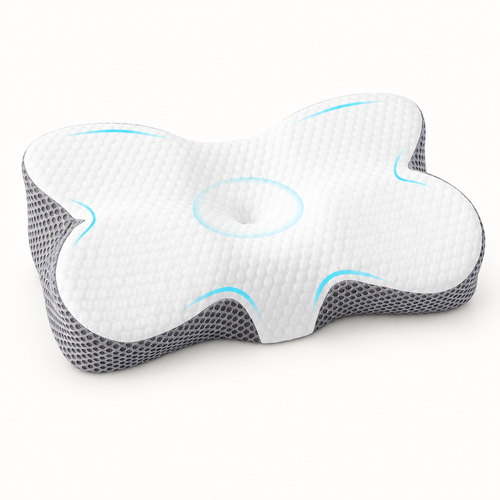 Almohada cervical contorneada blanca con laterales grises sobre fondo blanco