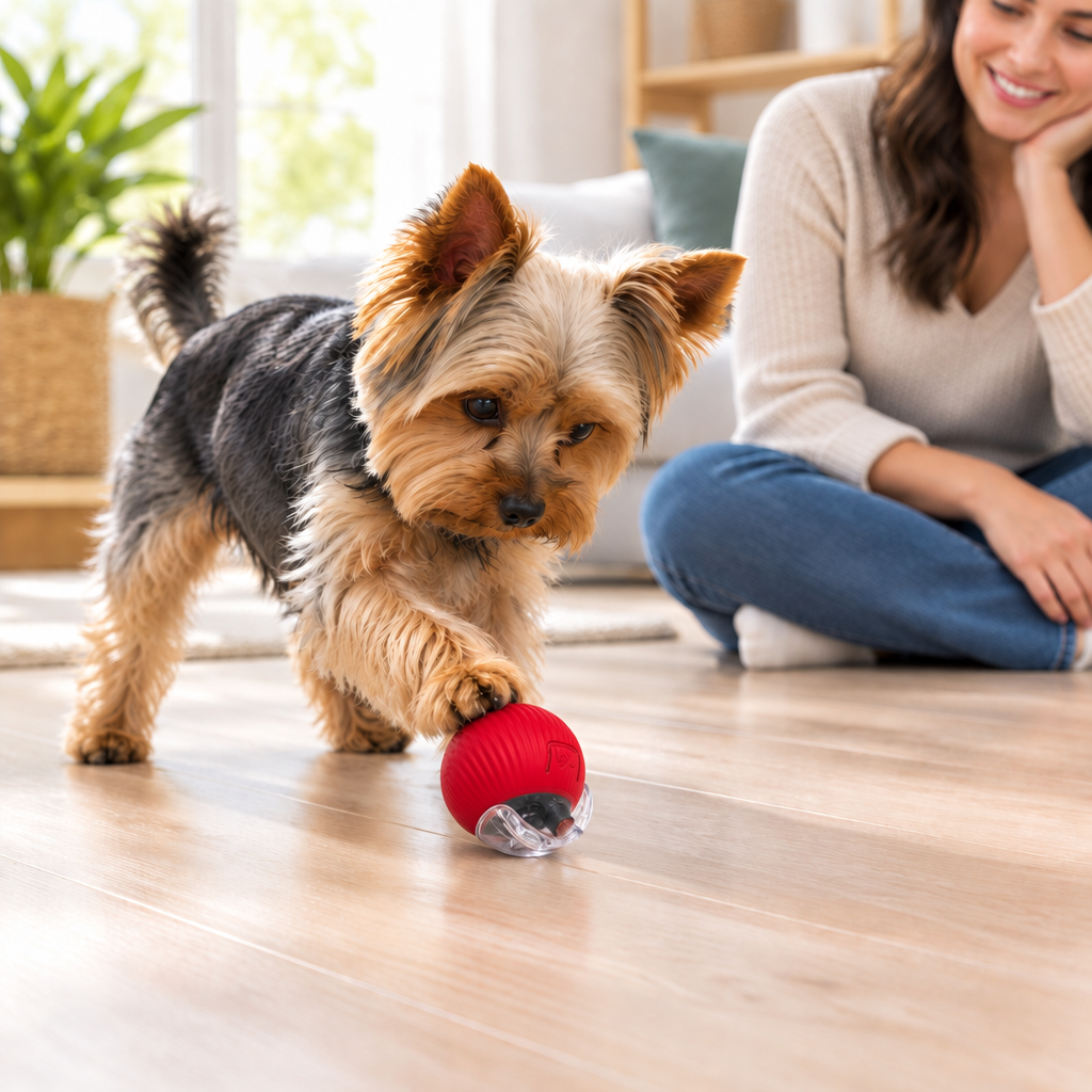 Perro pequeño jugando con pelota interactiva con estructura transparente sin cuerda