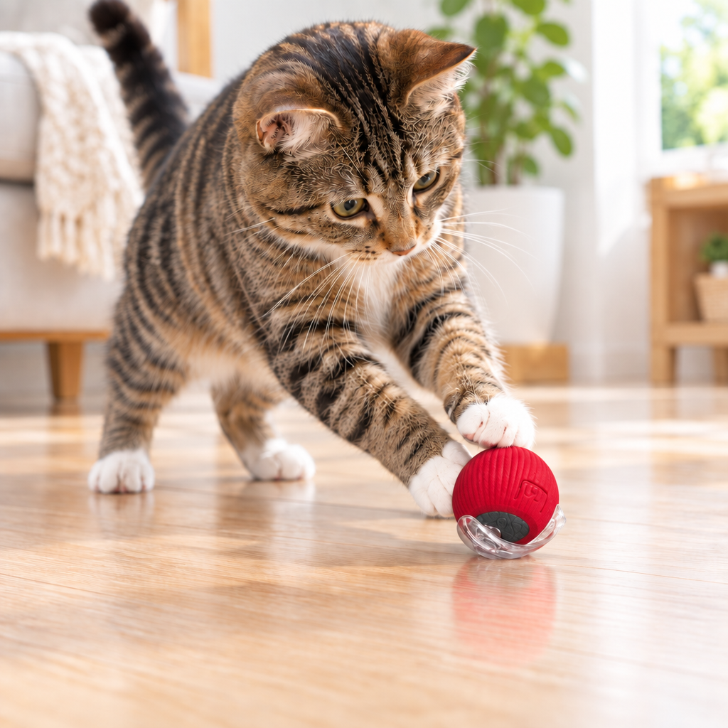 Gato jugando con pelota interactiva con estructura transparente sin cuerda