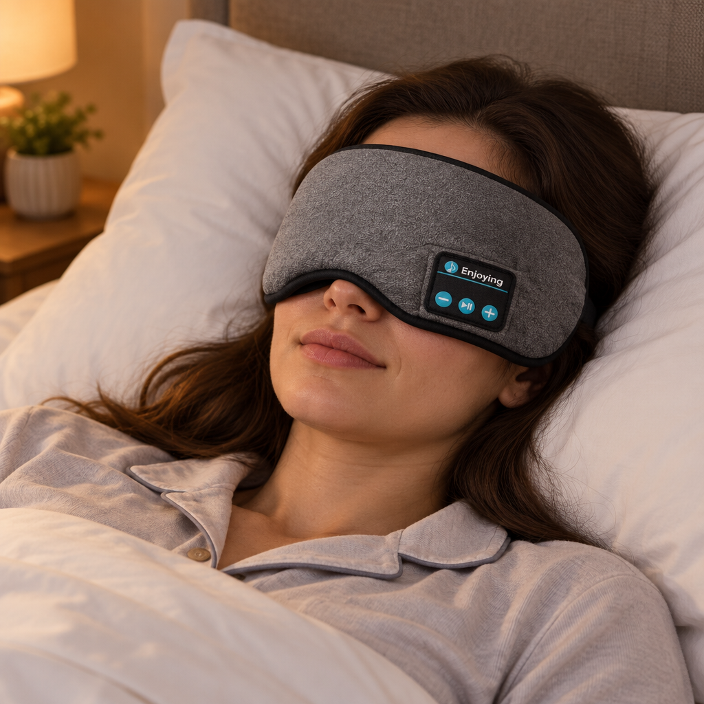 Mujer descansando con máscara para dormir con música y conexión Bluetooth
