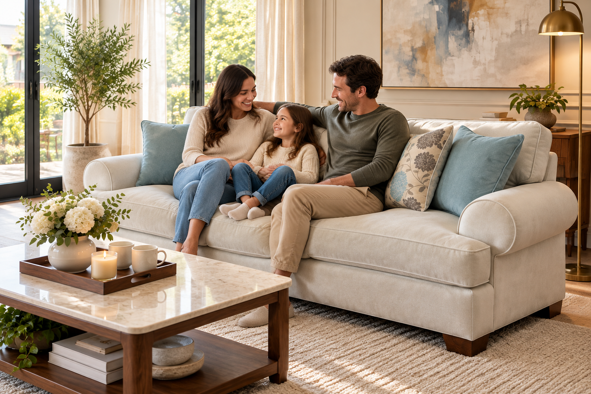Familia disfrutando de una sala con sofá Boston de tono claro