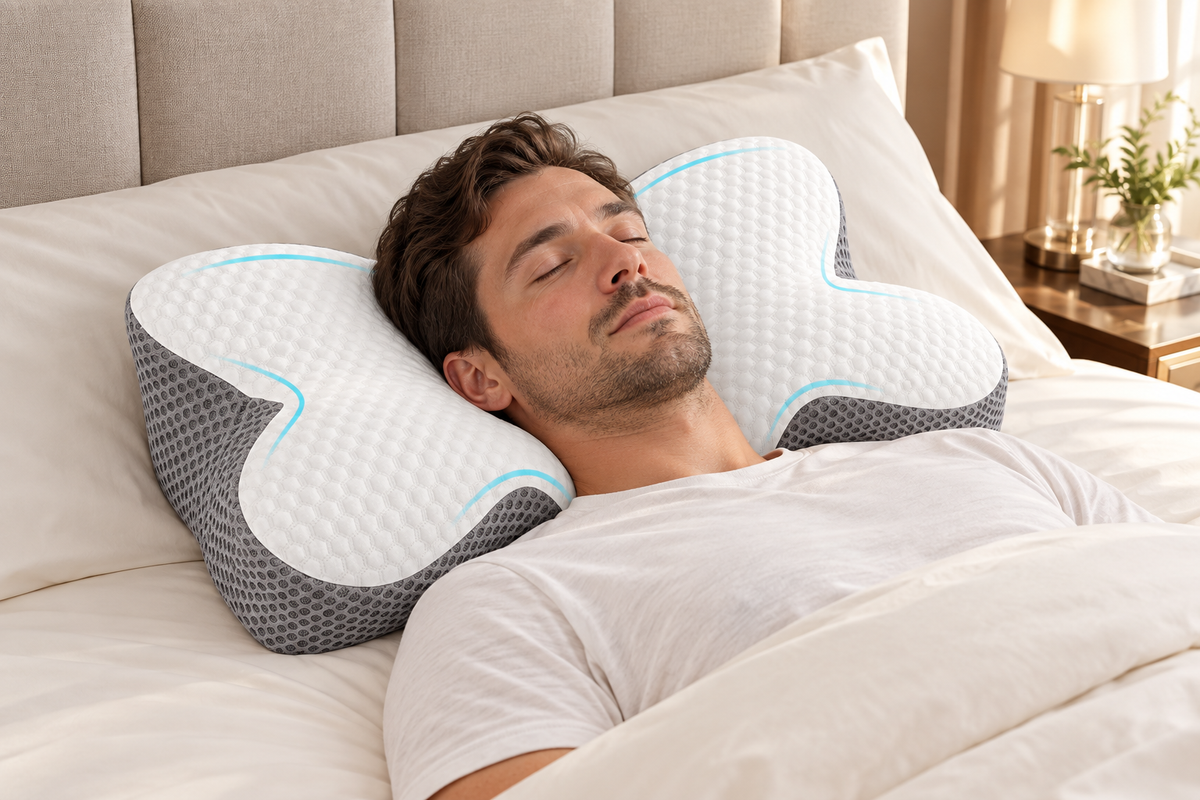 Hombre descansando con almohada cervical blanca y gris en una cama de lujo