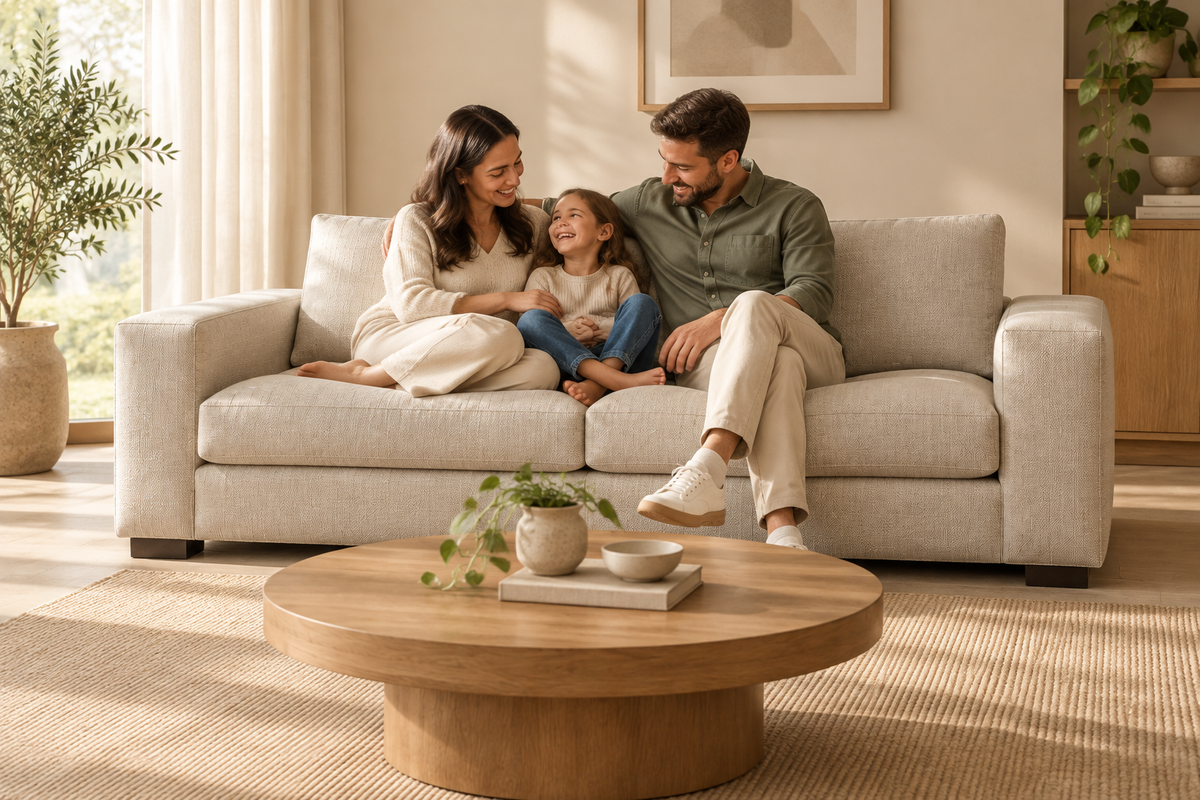 Familia disfrutando de una sala con el sofá Emi de tono claro